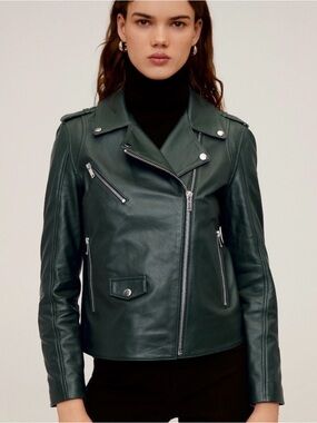 Mango Forest Green Leather Biker Jacket